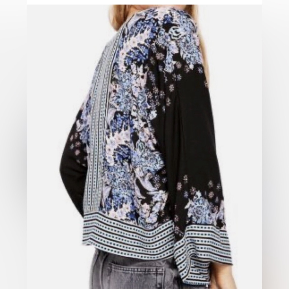 NWOT Free People Floral V-Neck Blouse Bell Sleeve Sz L